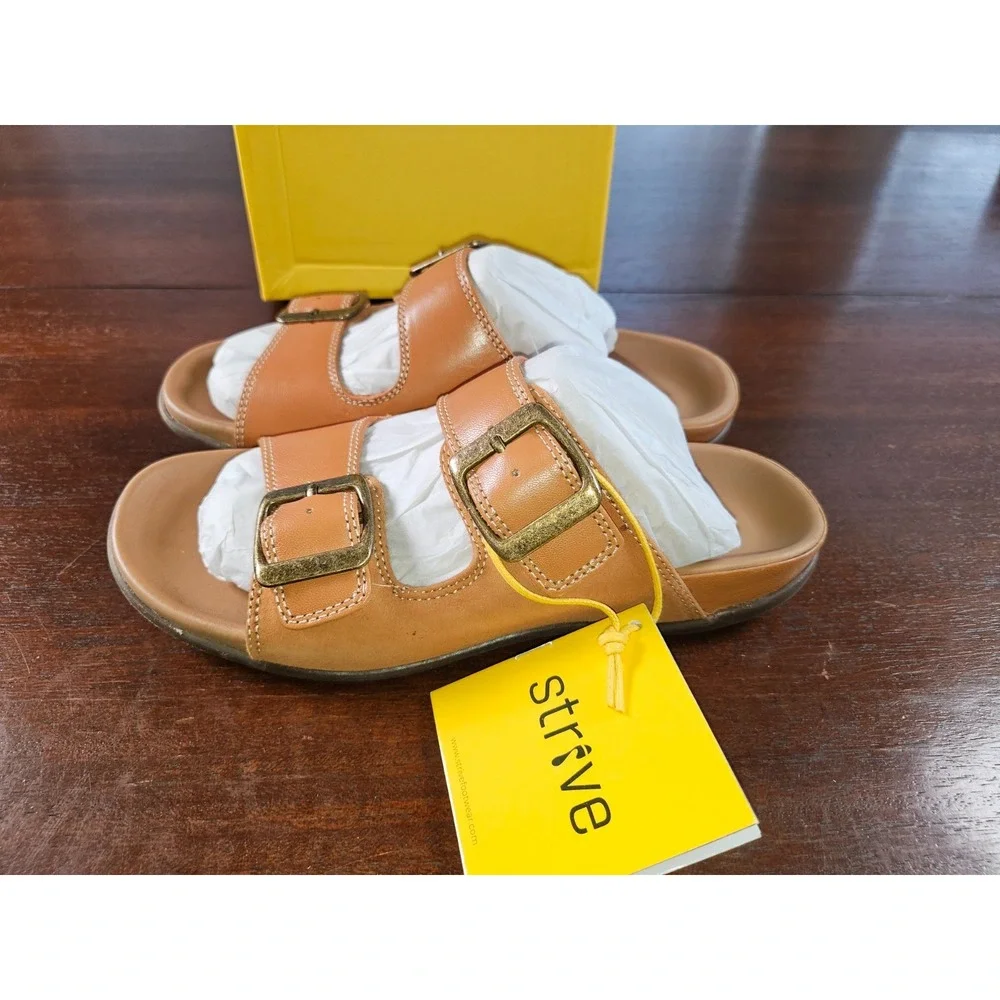 Womans Stive Footwear Largo Slip on Sandal Tan Leather‎ Double Buckle Sz 6 $114